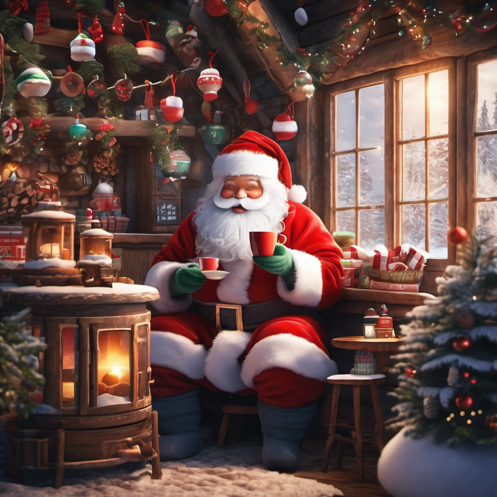 Santa enjoxing a cup of coffe on the North pole