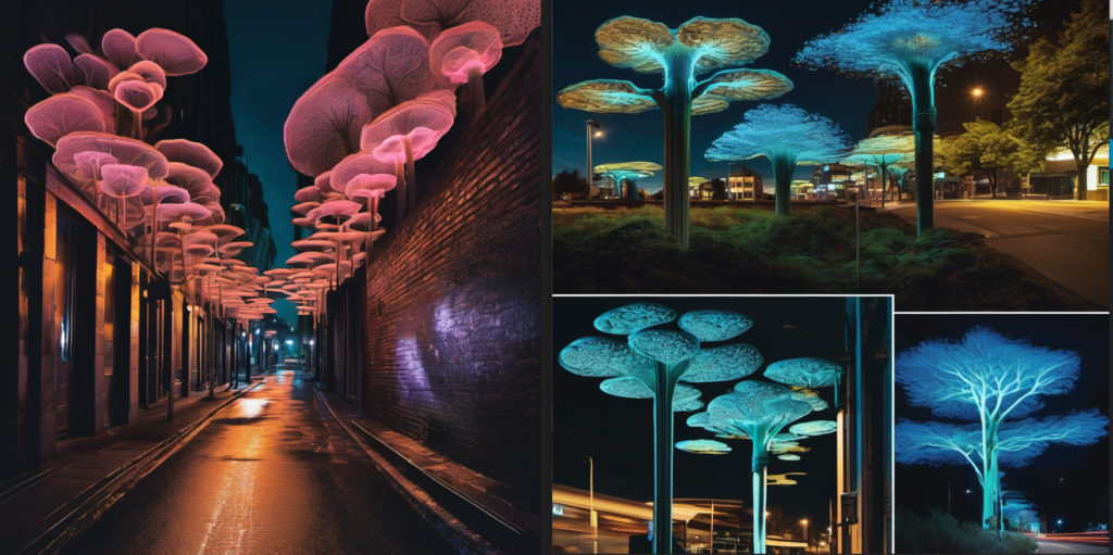 Urban landscapes illuminated by bioluminescent fungi-based streetlights. Source: own design ideas.
