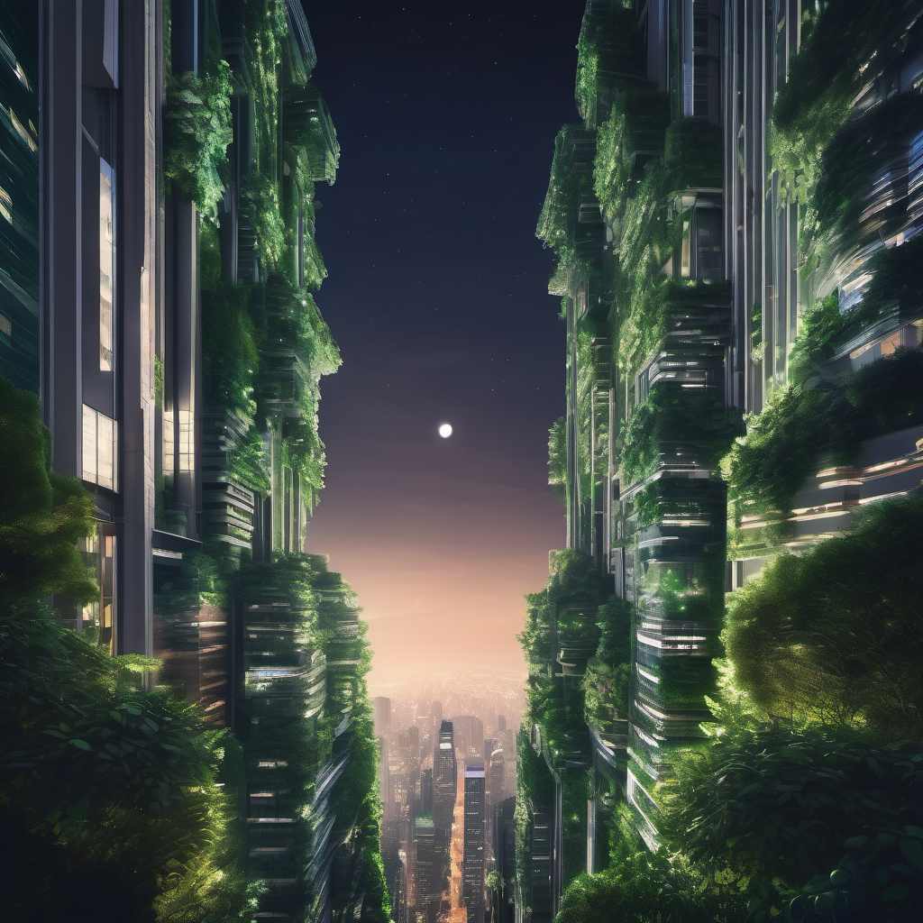 Urban landscapes with green "Verdant Veil Architecture" in the nighttime. (Source: own)